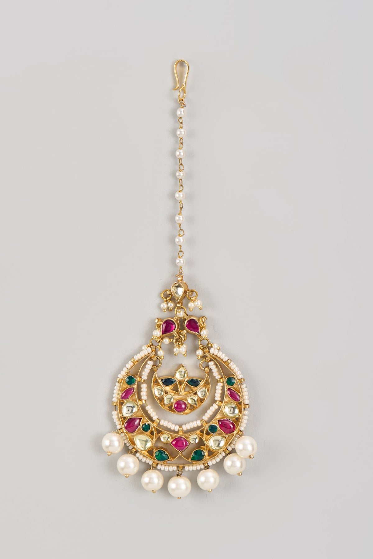 Gold Finish Multi-Colored Synthetic Stone & Pearl Maangtikka