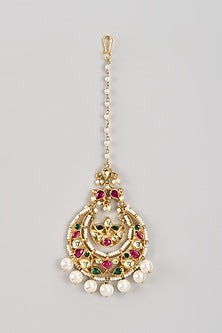 Gold Finish Multi-Colored Synthetic Stone & Pearl Maangtikka