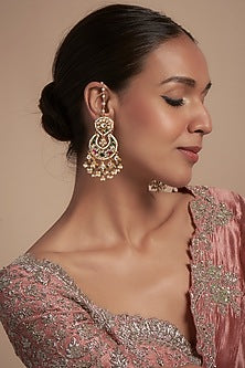 Gold Finish Kundan Polki & Pearl Chandbali Earrings