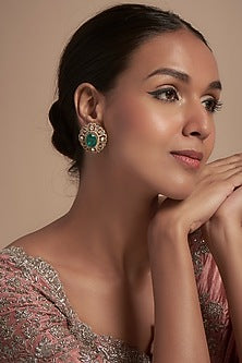 Antique Gold Finish Zircon & Emerald Stud Earrings