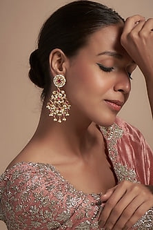 Gold Finish Pink Kundan Polki & Small Pearl Dangler Earrings
