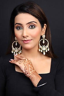 Two-Tone Finish Kundan Polki & Pearl Beaded Chandbali Earrings