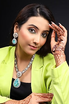 Two-Tone Finish Kundan Polki & Aqua Stone Enameled Long Necklace Set