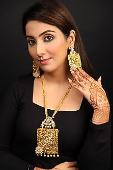 Gold Finish Kundan Polki & Zircon Long Necklace Set