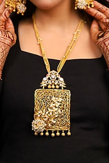 Gold Finish Kundan Polki & Zircon Long Necklace Set