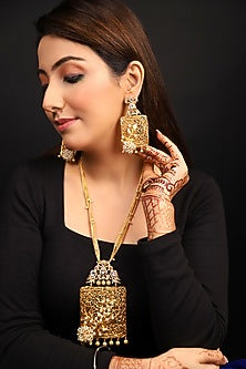 Gold Finish Kundan Polki & Zircon Long Necklace Set
