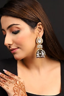 Gold Finish Kundan Polki & Pearl Beaded Elephant Shaped Dangler Earrings