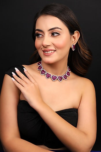 Silver Finish American Diamond & Ruby Stone Necklace Set