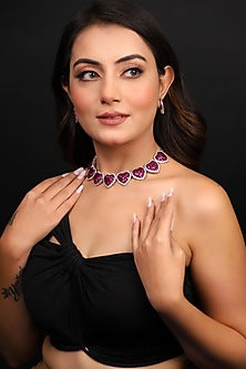 Silver Finish American Diamond & Ruby Stone Necklace Set