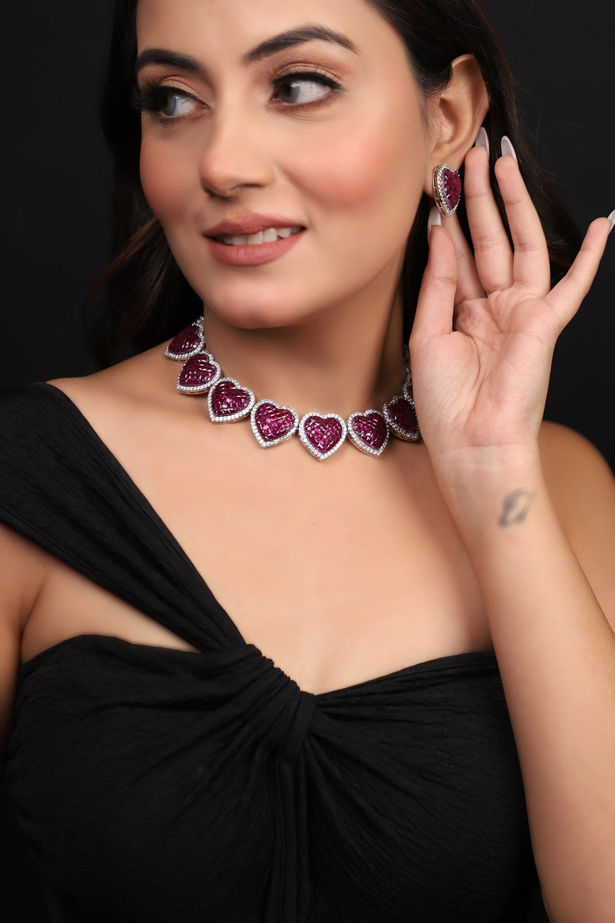 Silver Finish American Diamond & Ruby Stone Necklace Set