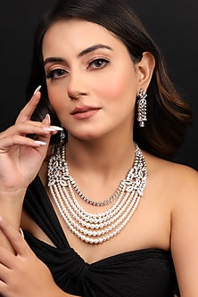 White Finish American Diamond & Pearl Beaded Necklace Set