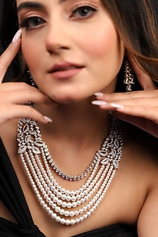 White Finish American Diamond & Pearl Beaded Necklace Set