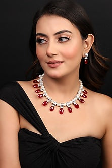 White Finish American Diamond & Ruby Beaded Necklace Set