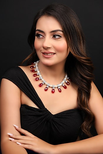 White Finish American Diamond & Ruby Beaded Necklace Set