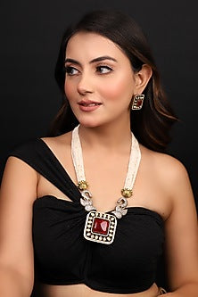 Gold Finish Kundan Polki & Red Stone Long Necklace Set