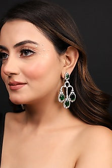 White Finish Zircon & Emerald Stone Dangler Earrings