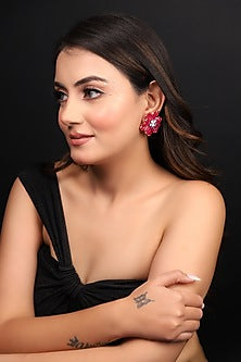 Two-Tone Finish Zircon & Red Stone Enameled Floral Stud Earrings