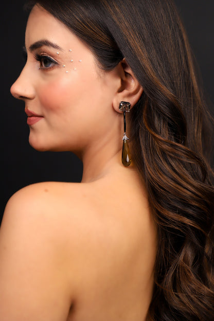 Silver Finish Brown Crystal Enameled Dangler Earrings