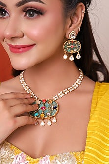 Gold Finish Kundan Polki & Multi-Colored Stone Long Necklace Set