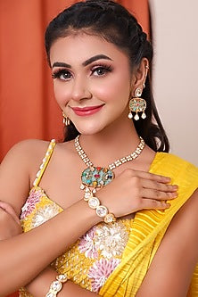 Gold Finish Kundan Polki & Multi-Colored Stone Long Necklace Set