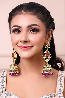 Gold Finish Pachi Kundan & Ruby Jhumka Earrings
