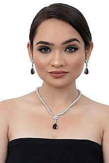 White Finish American Diamond & Purple Stone Necklace Set