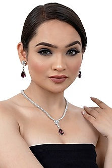 White Finish American Diamond & Purple Stone Necklace Set