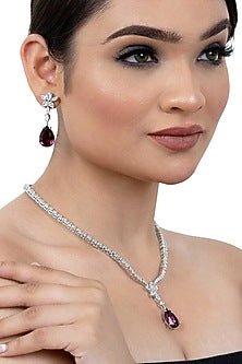 White Finish American Diamond & Purple Stone Necklace Set