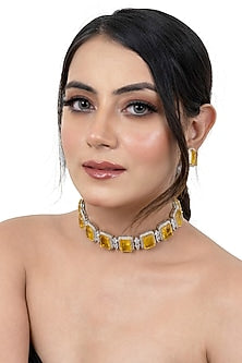 White Finish Yellow American Diamond & Double Stone Choker Necklace Set