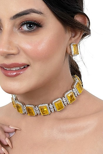 White Finish Yellow American Diamond & Double Stone Choker Necklace Set