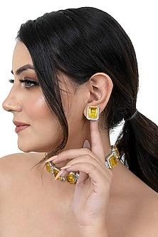 White Finish Yellow American Diamond & Double Stone Choker Necklace Set