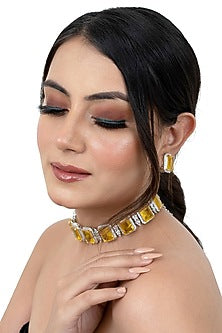 White Finish Yellow American Diamond & Double Stone Choker Necklace Set