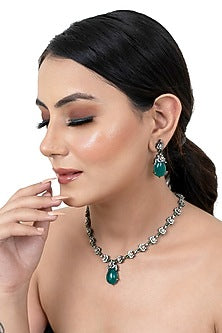 Black Rhodium Finish Zircon & Emerald Stone Necklace Set