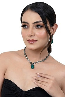Black Rhodium Finish Zircon & Emerald Stone Necklace Set