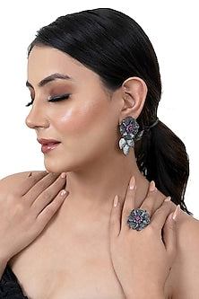 Two Tone Finish American Diamond Floral Dangler Earrings