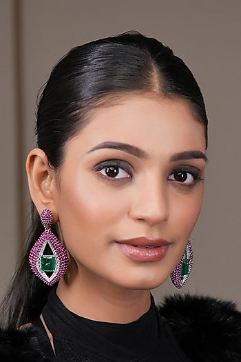 Two Tone Finish Emerald Doublet Stone & Ruby Diamond Dangler Earrings