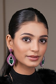 Two Tone Finish Emerald Doublet Stone & Ruby Diamond Dangler Earrings