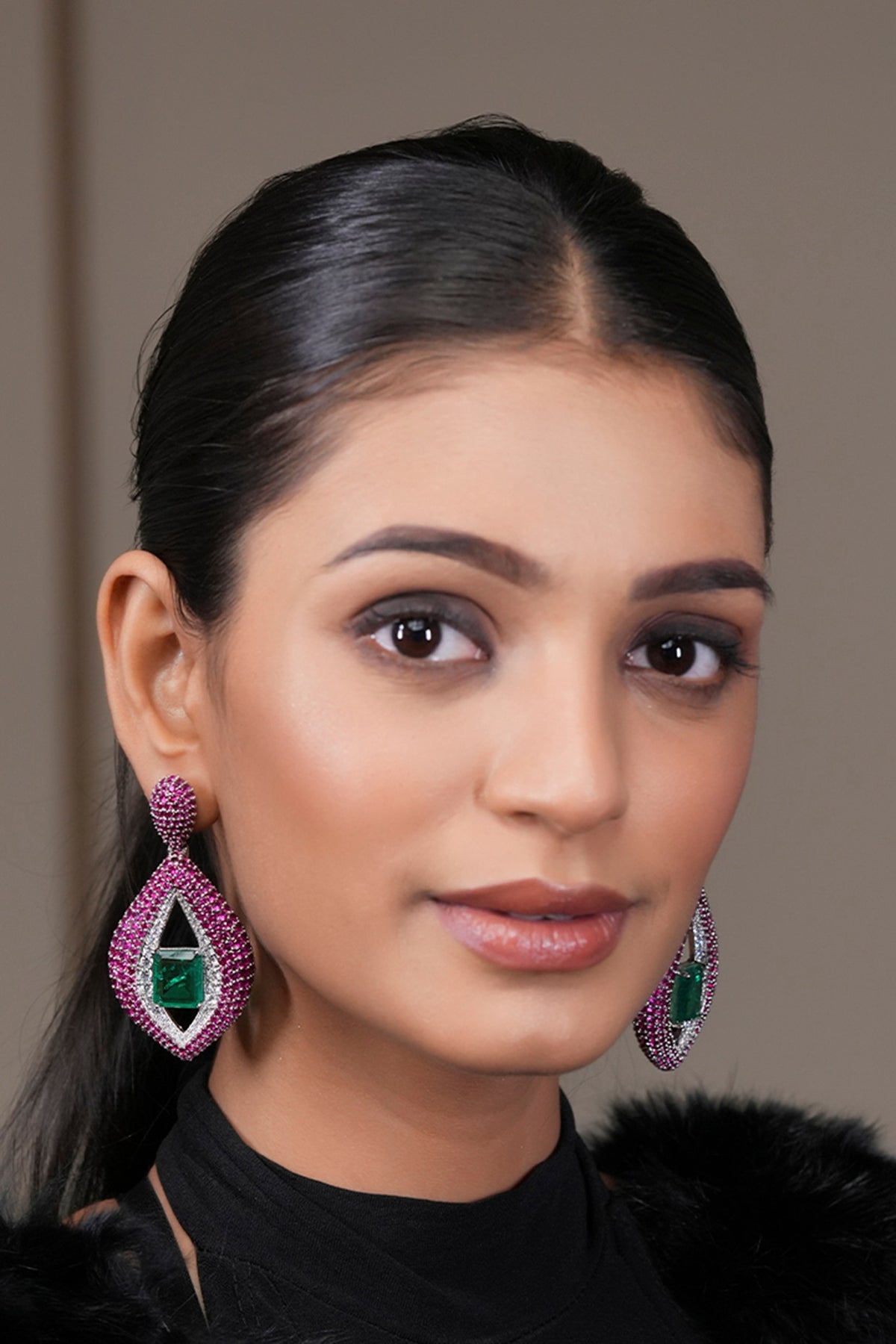 Two Tone Finish Emerald Doublet Stone & Ruby Diamond Dangler Earrings