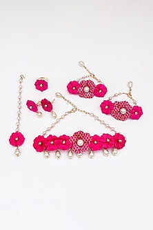 Dark Pink Faux Floral & Beaded Choker Necklace Set For Girls