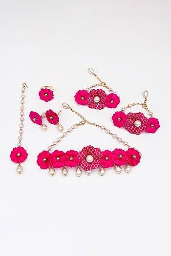 Dark Pink Faux Floral & Beaded Choker Necklace Set For Girls