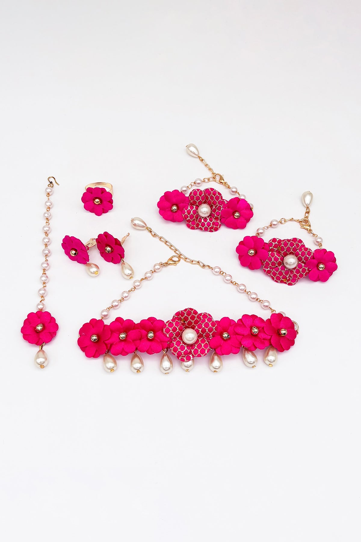 Dark Pink Faux Floral & Beaded Choker Necklace Set For Girls