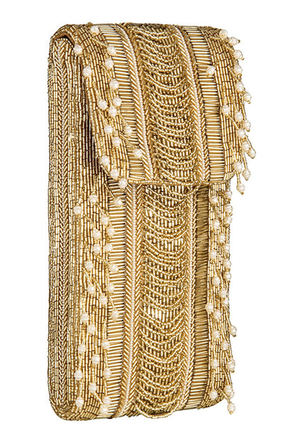 Gold Embellished Fringed Mobile Pouch