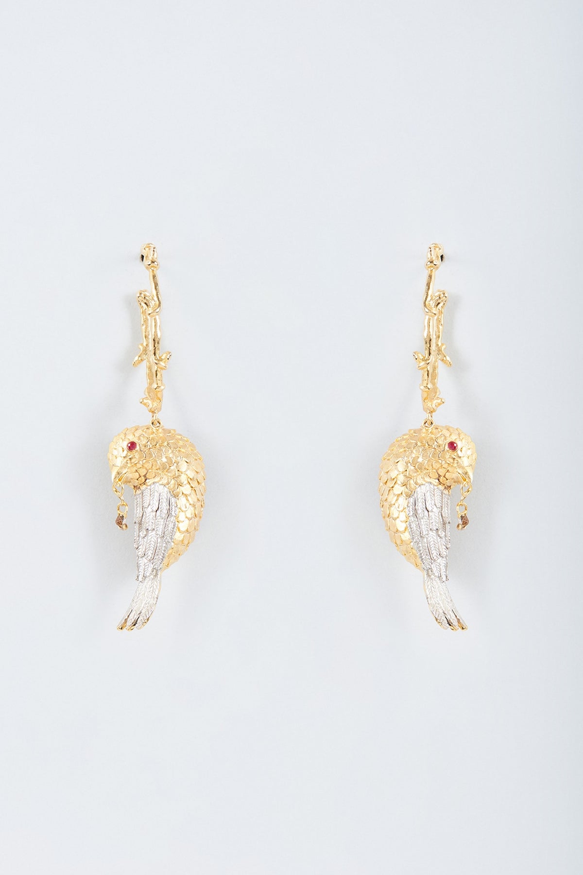 Two Tone Finish Enameled Bird Fling Dangler Earrings