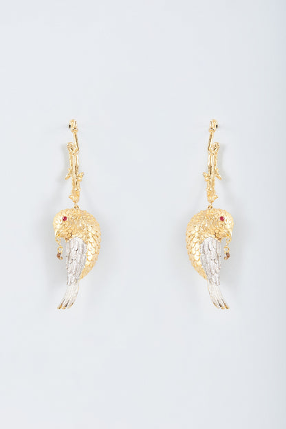 Two Tone Finish Enameled Bird Fling Dangler Earrings