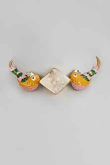 Gold Finish Enameled Pink Bird Choker Necklace