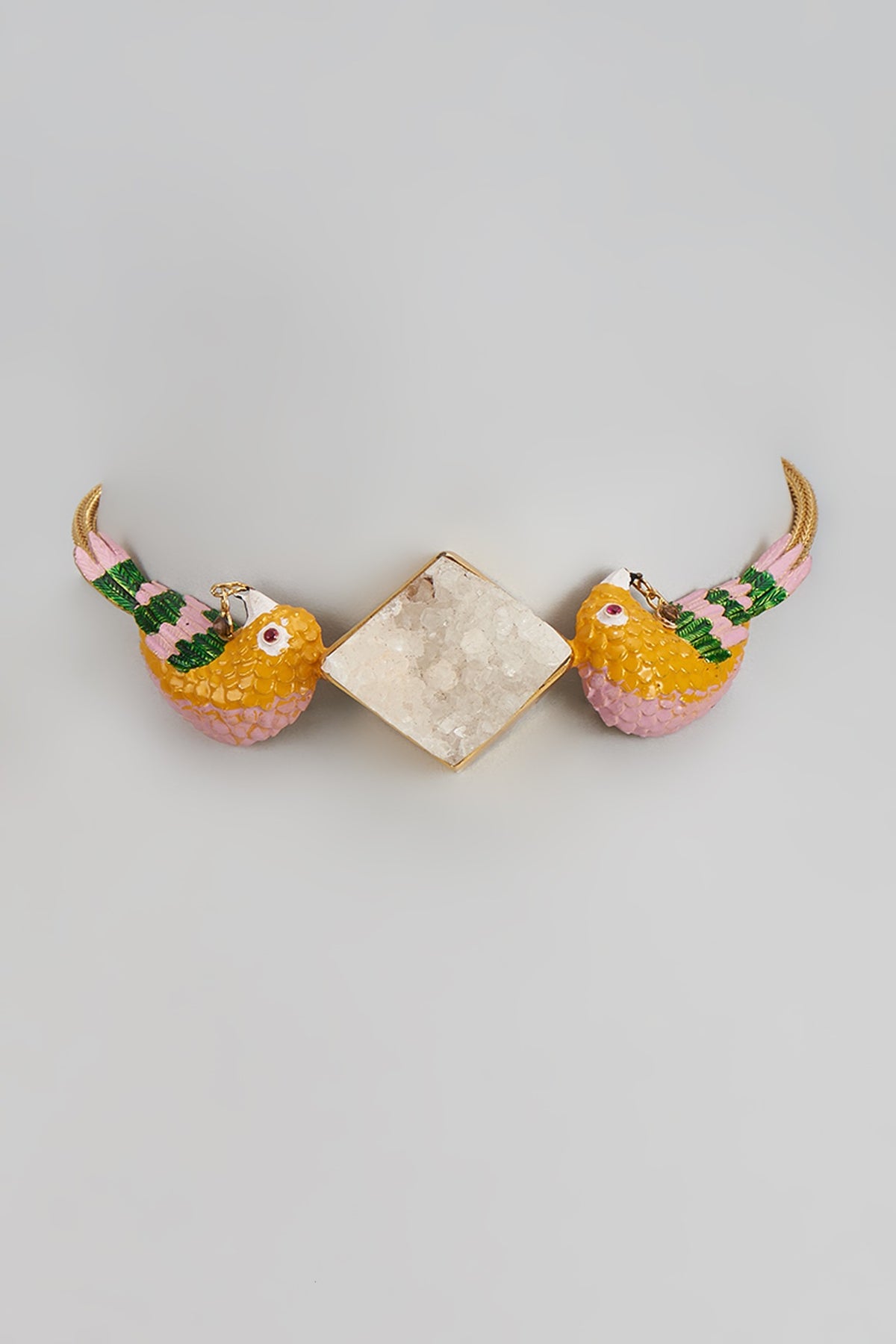 Gold Finish Enameled Pink Bird Choker Necklace