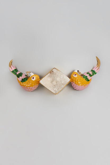 Gold Finish Enameled Pink Bird Choker Necklace