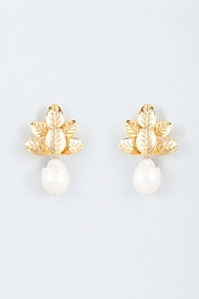 Gold Finish Pearl Leave Stud Earrings