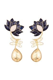 Gold Finish Enamel Lotus Drop Earrings
