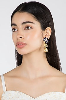 Gold Finish Enamel Lotus Drop Earrings